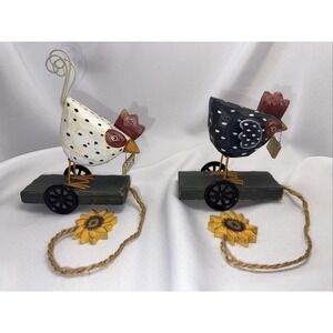 Wooden Rooster Chicken Toy Base on Wheels, Farmhouse Decor 6.5" Eggs Set Of 2